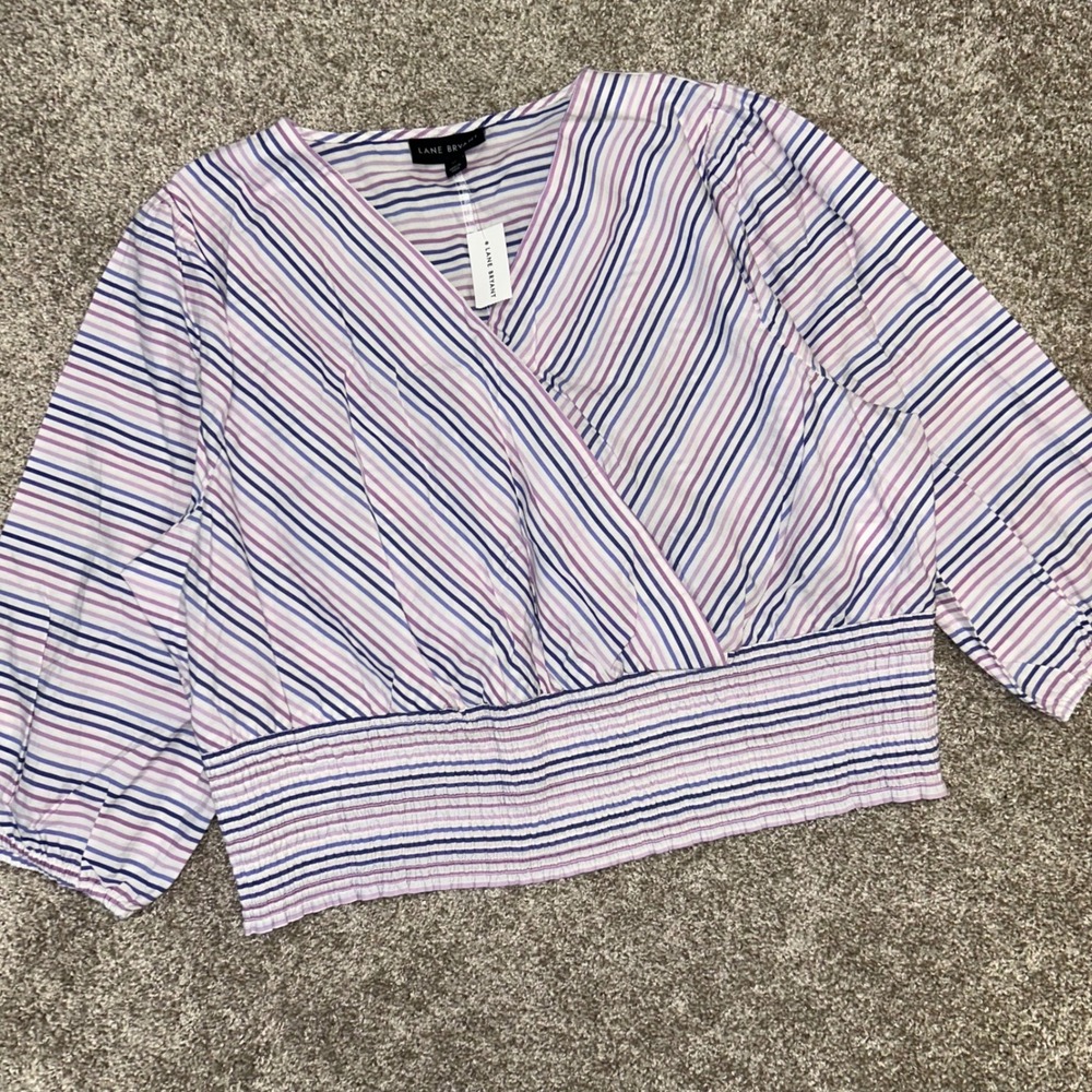 Lane Bryant NWT Women Size 20 Wrap Crop Top Purple White Stripe 3/4 Sleeve